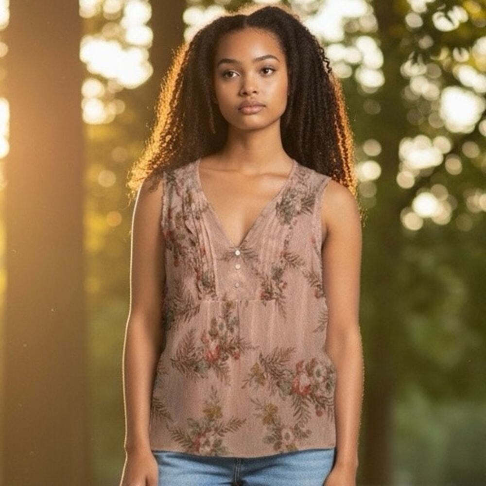 Perseption Concept Vintage Sheer Pink Lace Pin Tuck Bohemian Sleeveless Top sz L